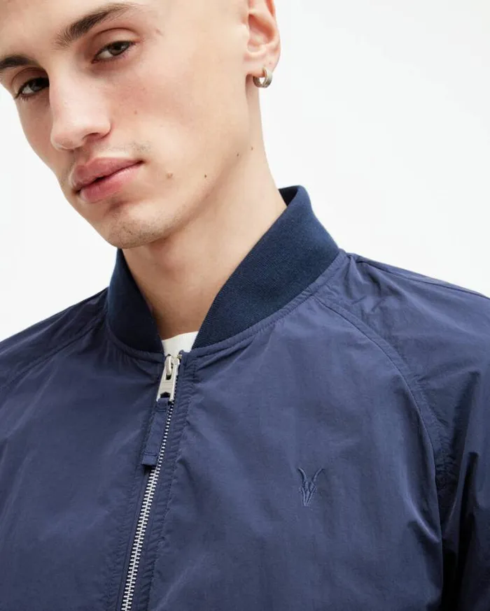 Waylan Ramskull Embroidered Bomber Jacket Dark Navy Blue Men AllSaints Jackets and Coats Waylan Ramskull Embroidered Bomber Jacket Dark Navy Blue Men AllSaints Jackets and Coats