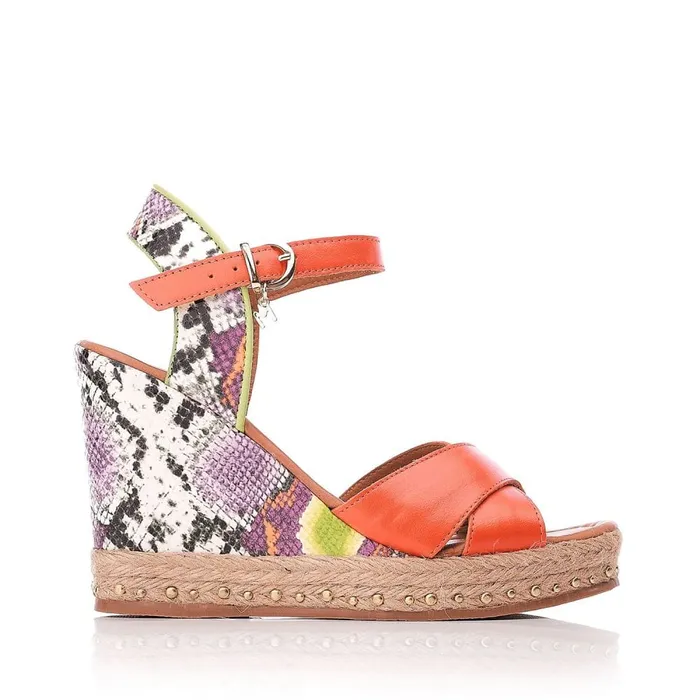 Wedge Sandals Women Moda In Pelle Rosette Orange Leather