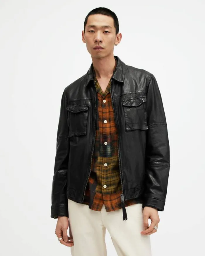 Whilby Zip Up Lightweight Leather Jacket Black Men AllSaints Jackets and Coats