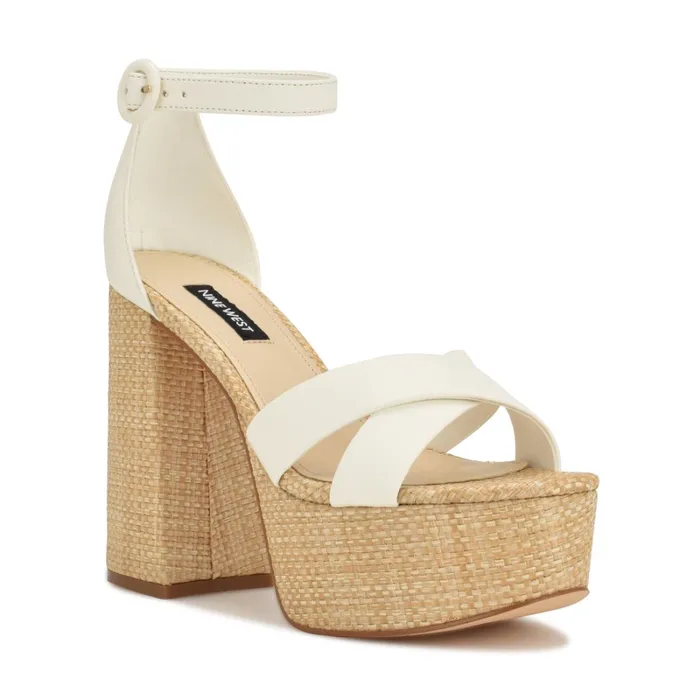 Willie Platform Sandals White Raffia Women Nine West Dress Willie Platform Sandals White Raffia Women Nine West Dress