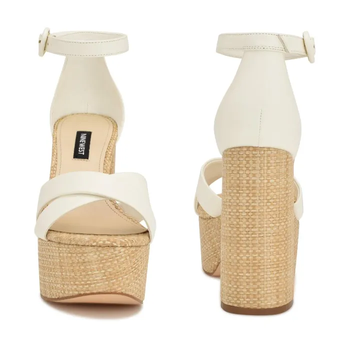 Willie Platform Sandals White Raffia Women Nine West Dress Willie Platform Sandals White Raffia Women Nine West Dress