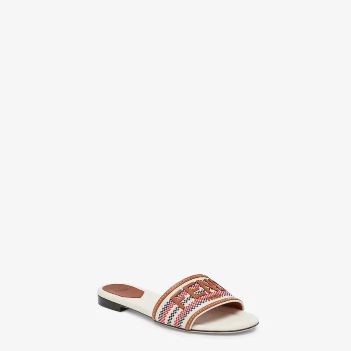 Woman Beige Canvas Slides Beige Fendi Slides and Mules