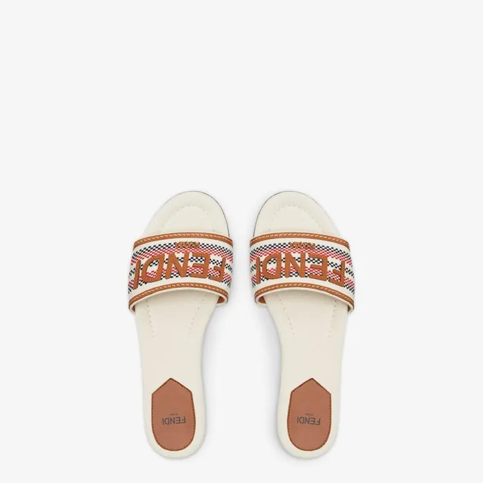 Woman Beige Canvas Slides Beige Fendi Slides and Mules