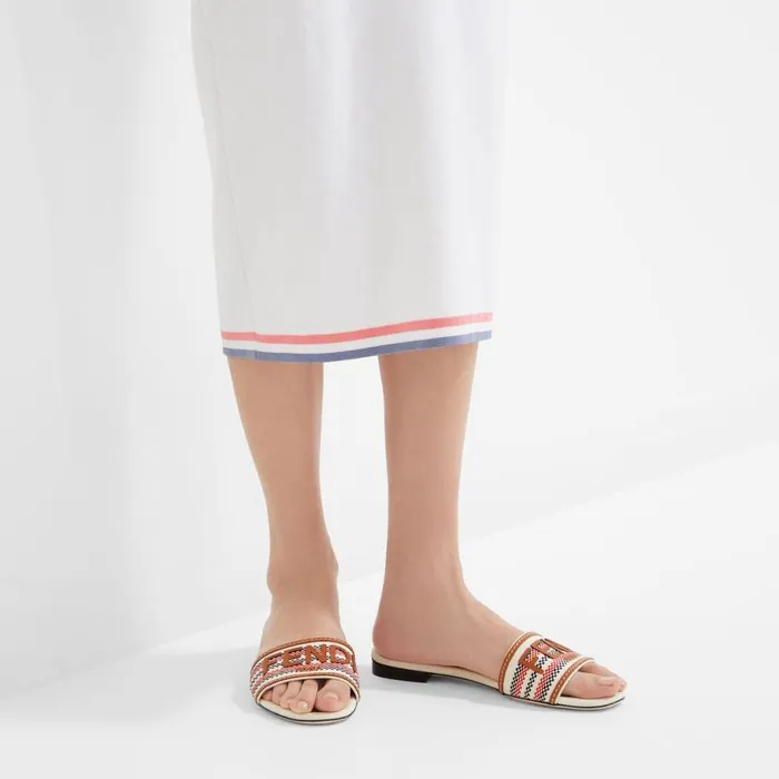 Woman Beige Canvas Slides Beige Fendi Slides and Mules