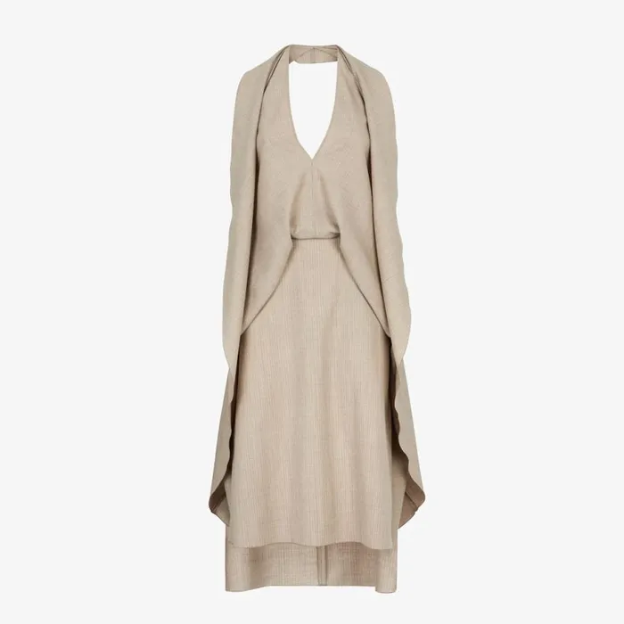 Woman Beige Pinstriped Flannel Dress Beige Fendi Dresses and Jumpsuits