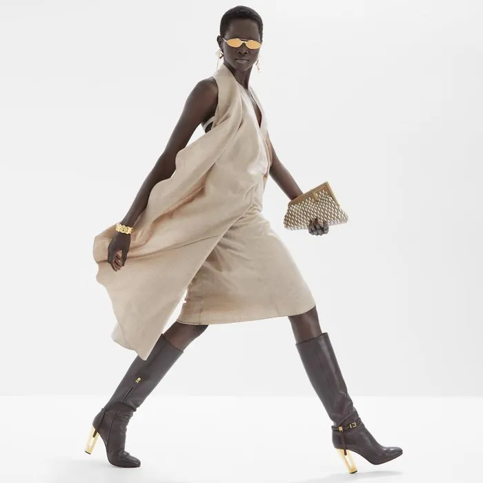 Woman Beige Pinstriped Flannel Dress Beige Fendi Dresses and Jumpsuits