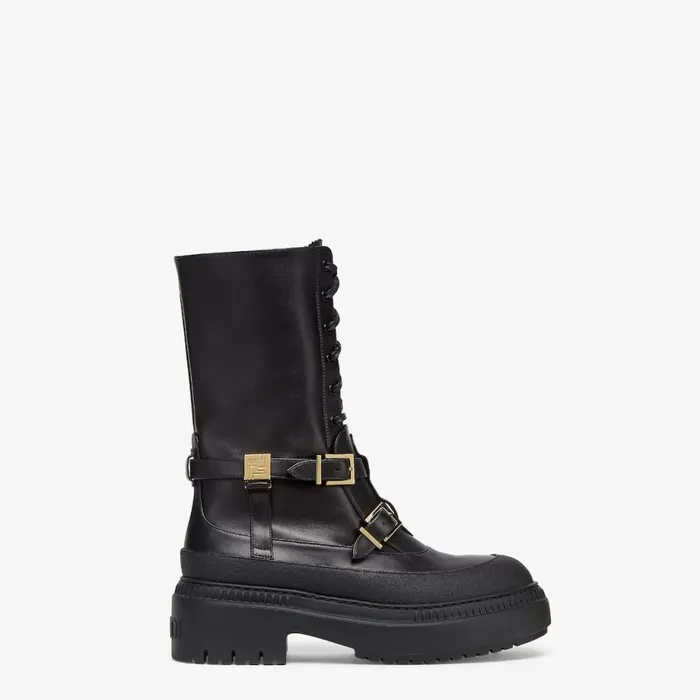 Woman Black Leather Biker Boots Black Fendi Boots and Ankle Boots