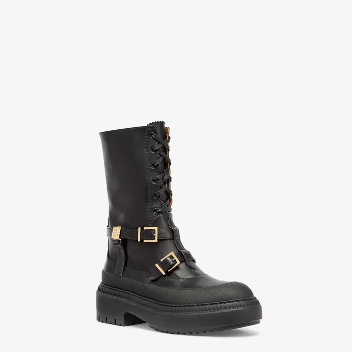 Woman Black Leather Biker Boots Black Fendi Boots and Ankle Boots