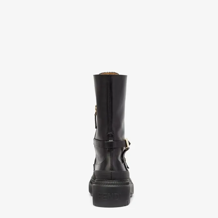 Woman Black Leather Biker Boots Black Fendi Boots and Ankle Boots