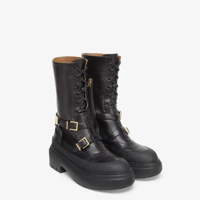 Woman Black Leather Biker Boots Black Fendi Boots and Ankle Boots