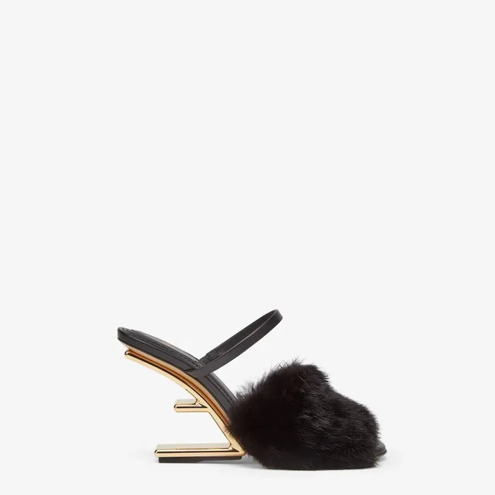 Woman Black Mink HighHeel Sandals Black Fendi Fendi First
