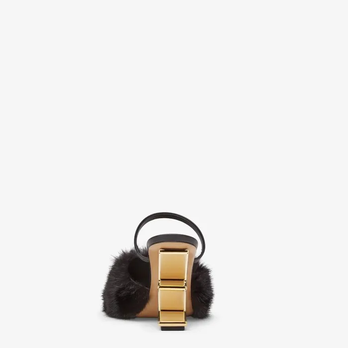 Woman Black Mink HighHeel Sandals Black Fendi Fendi First