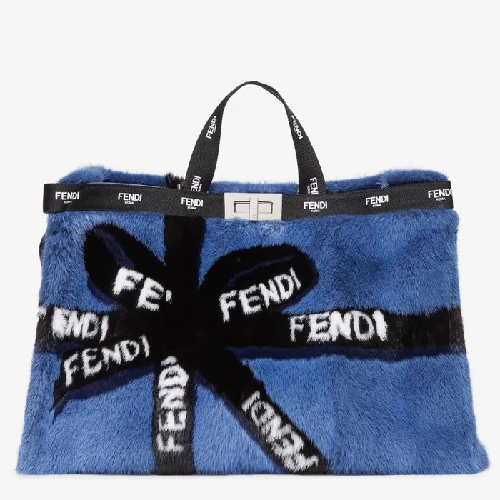 Woman Blue Mink Shopper With Ribbon Inlay Blue Fendi Tote Bags