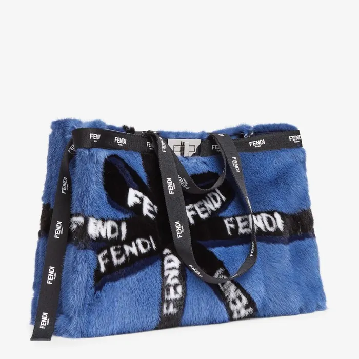 Woman Blue Mink Shopper With Ribbon Inlay Blue Fendi Tote Bags