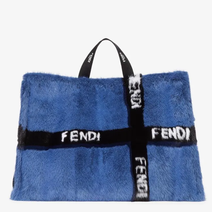Woman Blue Mink Shopper With Ribbon Inlay Blue Fendi Tote Bags