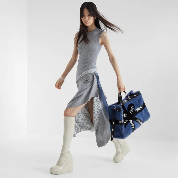 Woman Blue Mink Shopper With Ribbon Inlay Blue Fendi Tote Bags
