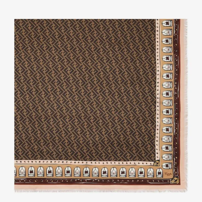 Woman Brown Cashmere Wool And Silk Shawl Brown Fendi Scarves and Silks