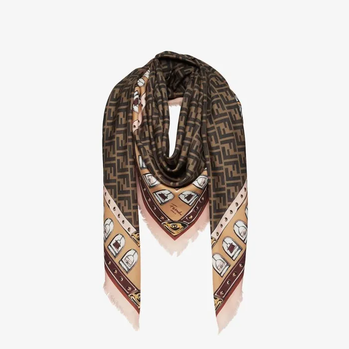 Woman Brown Cashmere Wool And Silk Shawl Brown Fendi Scarves and Silks