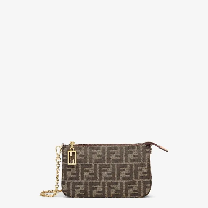 Woman Brown Jacquard Ff Fabric Clutch With Chain Brown Fendi Mini Bags