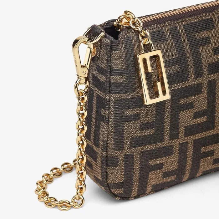 Woman Brown Jacquard Ff Fabric Clutch With Chain Brown Fendi Mini Bags