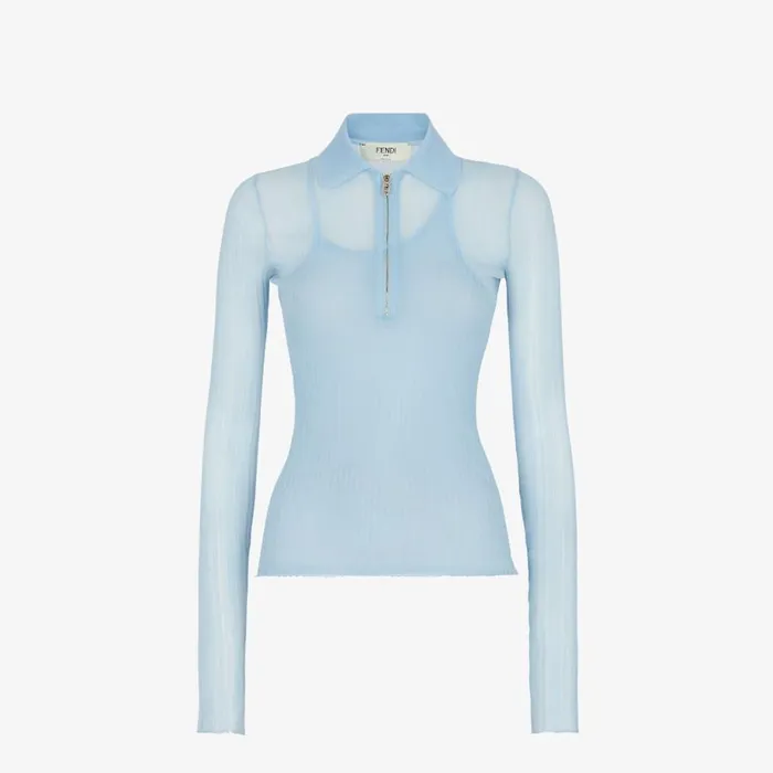 Woman Light Blue Silk Polo Shirt Light Blue Fendi Knitwear
