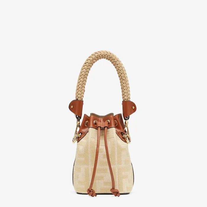 Woman Natural Straw MiniBag With Ff Embroidery Beige Fendi Mini Bags
