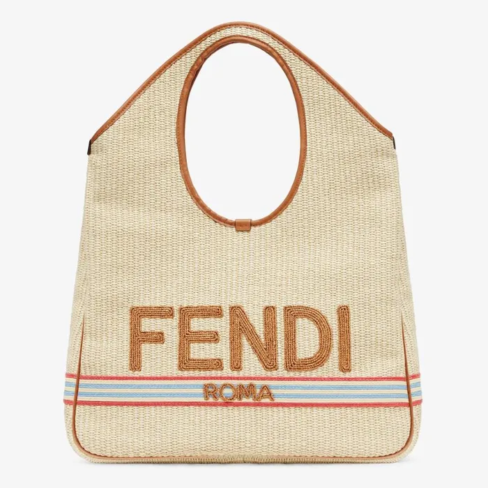 Woman Shopper In Natural Straw Beige Fendi Tote Bags