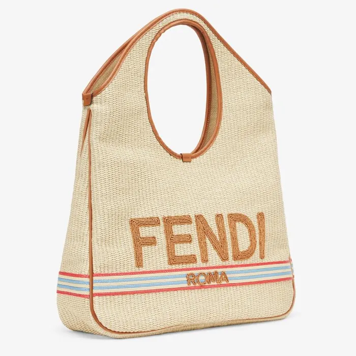 Woman Shopper In Natural Straw Beige Fendi Tote Bags