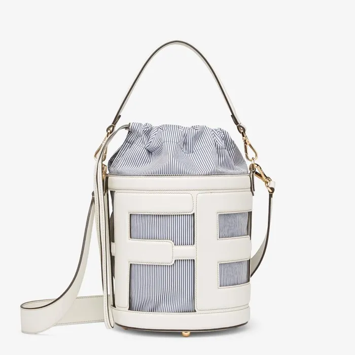 Woman White Leather And Striped Fabric Bag White Fendi Bucket Bags