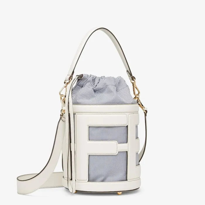 Woman White Leather And Striped Fabric Bag White Fendi Bucket Bags