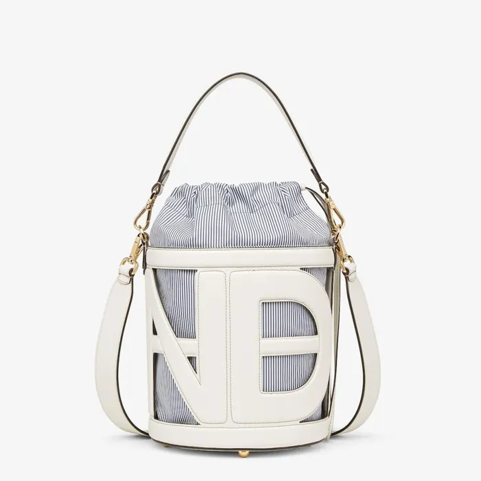 Woman White Leather And Striped Fabric Bag White Fendi Bucket Bags