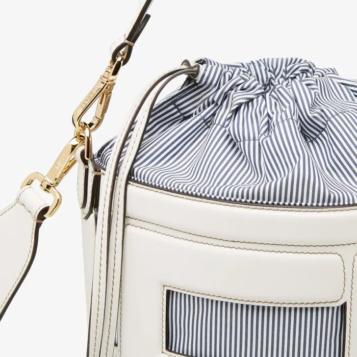 Woman White Leather And Striped Fabric Bag White Fendi Bucket Bags