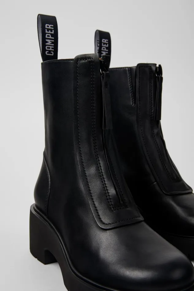 Women Camper Ankle Boots Milah Black Leather Zip Boots