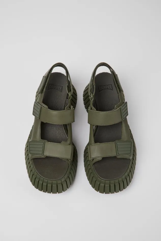 Women Camper Wedges BCN Green Leather Sandals