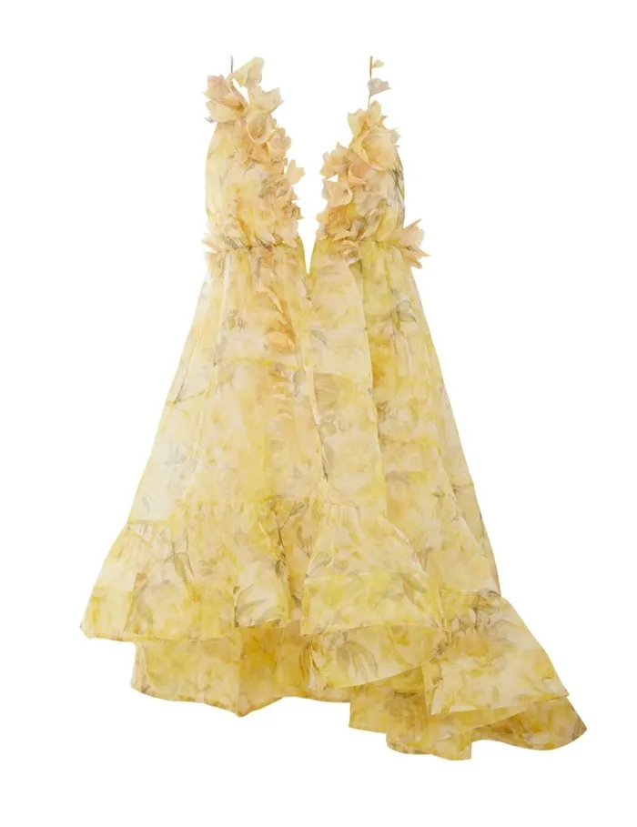 Women Clothing Zimmermann Harmony Asymmetrical Dress Yellow Peony