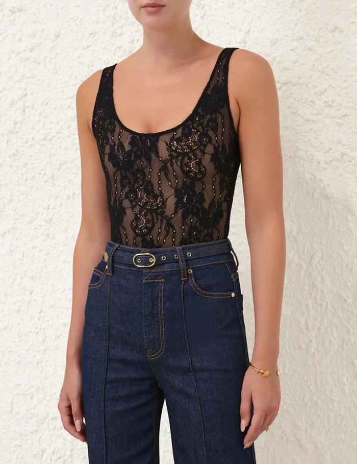 Women Clothing Zimmermann Lace Scoop Bodysuit Black