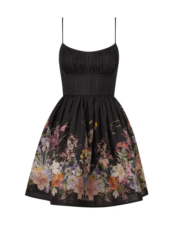 Women Clothing Zimmermann Natura Ruched Mini Dress Black Wild Flowers