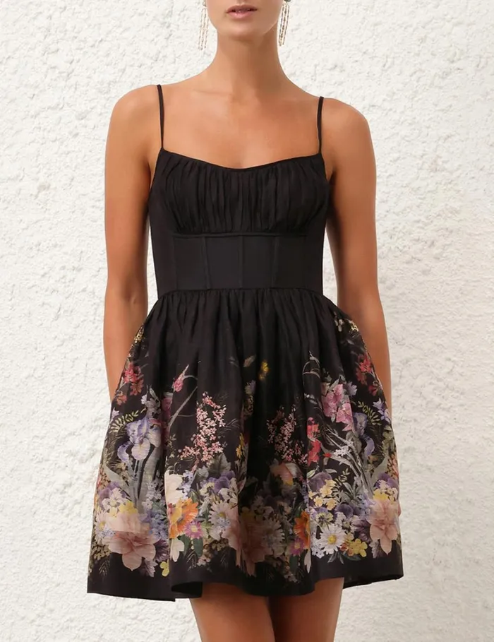 Women Clothing Zimmermann Natura Ruched Mini Dress Black Wild Flowers