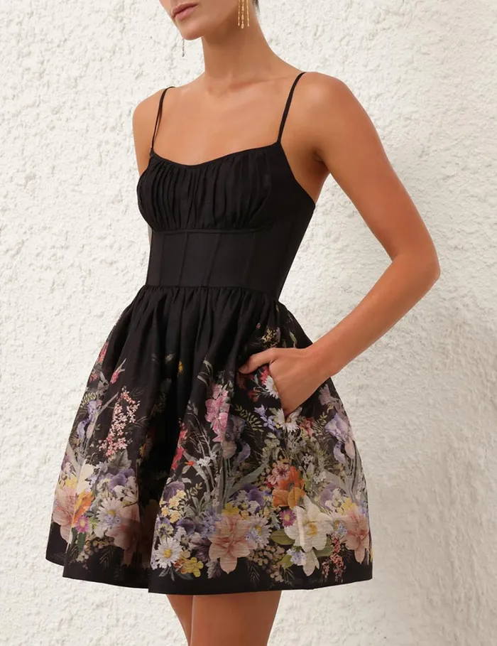 Women Clothing Zimmermann Natura Ruched Mini Dress Black Wild Flowers