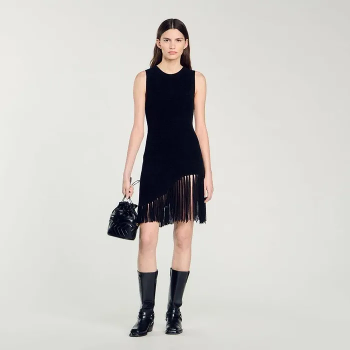 Women Dresses SANDRO Short Fringed Dress Black