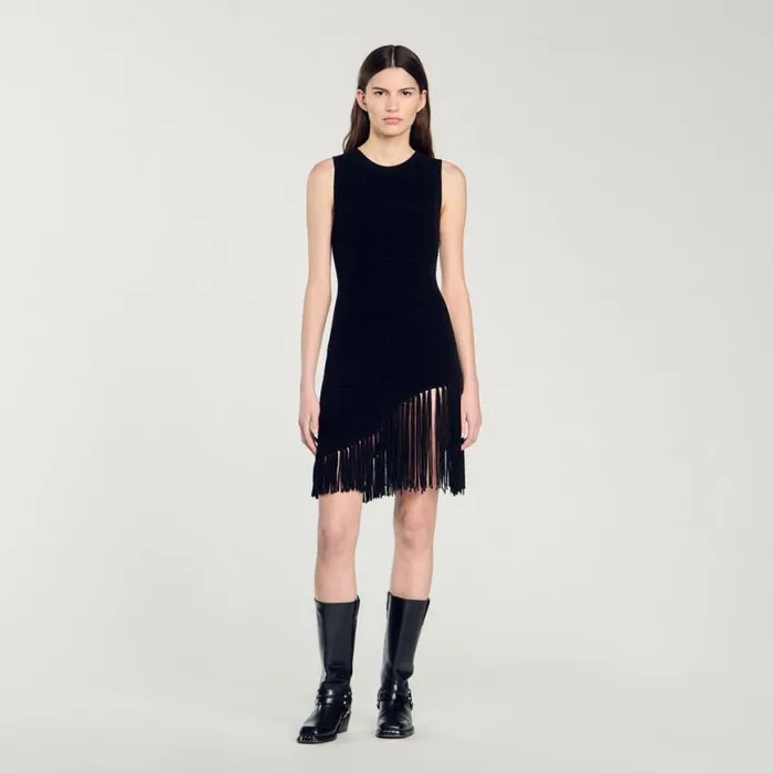 Women Dresses SANDRO Short Fringed Dress Black