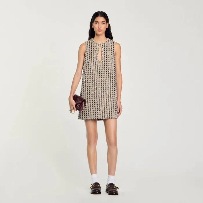 Women Dresses SANDRO Short Tweed Dress Camel Deep Blu