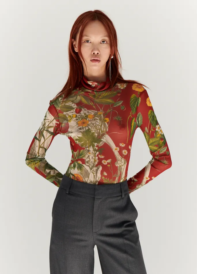 Women Floral Skeleton Print Mesh Turtleneck MONSE Tops