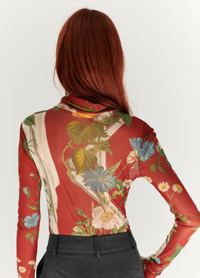 Women Floral Skeleton Print Mesh Turtleneck MONSE Tops