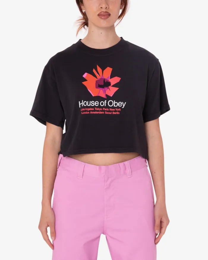 Women HOUSE OF OBEY FLORAL WEEKEND CROP TSHIRT Digital Black OBEY Clothing TSHIRTS