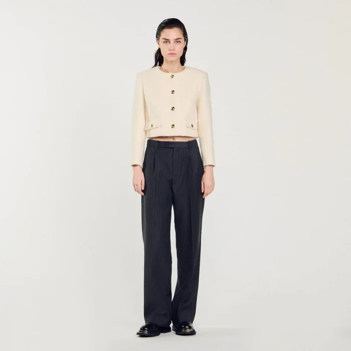 Women Jackets and Blazers SANDRO Cropped Boucl Wool Jacket White