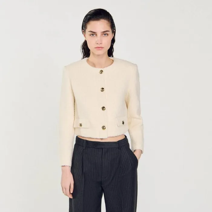 Women Jackets and Blazers SANDRO Cropped Boucl Wool Jacket White
