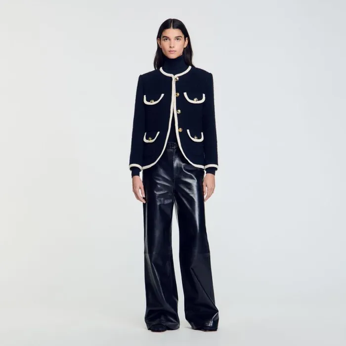 Women Jackets and Blazers SANDRO Long Tweed Jacket Navy Blue