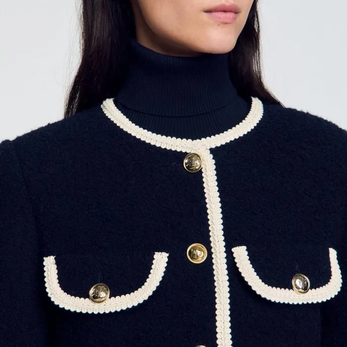 Women Jackets and Blazers SANDRO Long Tweed Jacket Navy Blue