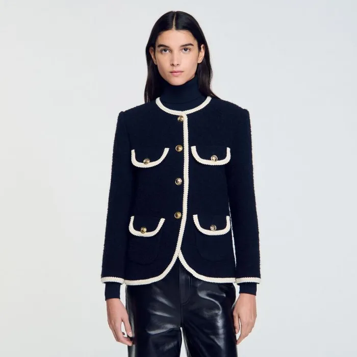Women Jackets and Blazers SANDRO Long Tweed Jacket Navy Blue